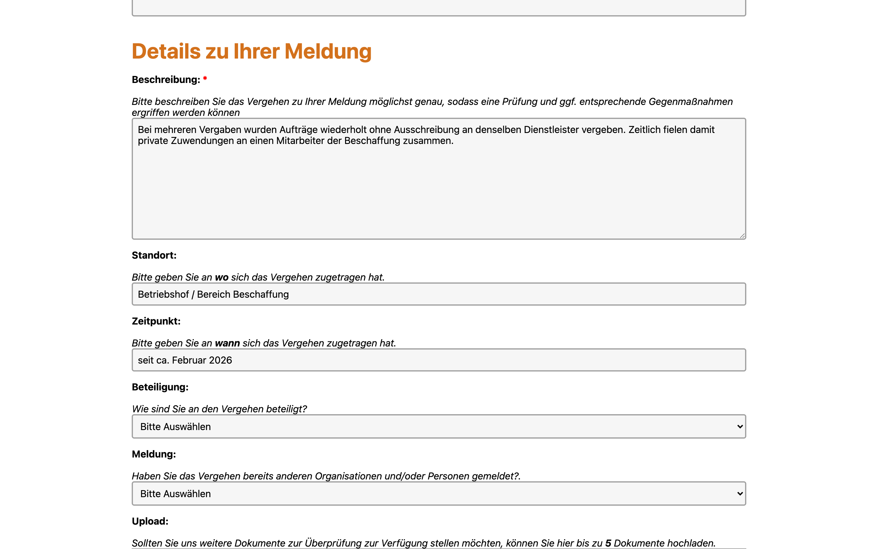 Hinweisgeber-Meldeportal: Falldetails · Beschreibung, Ort & Zeitpunkt