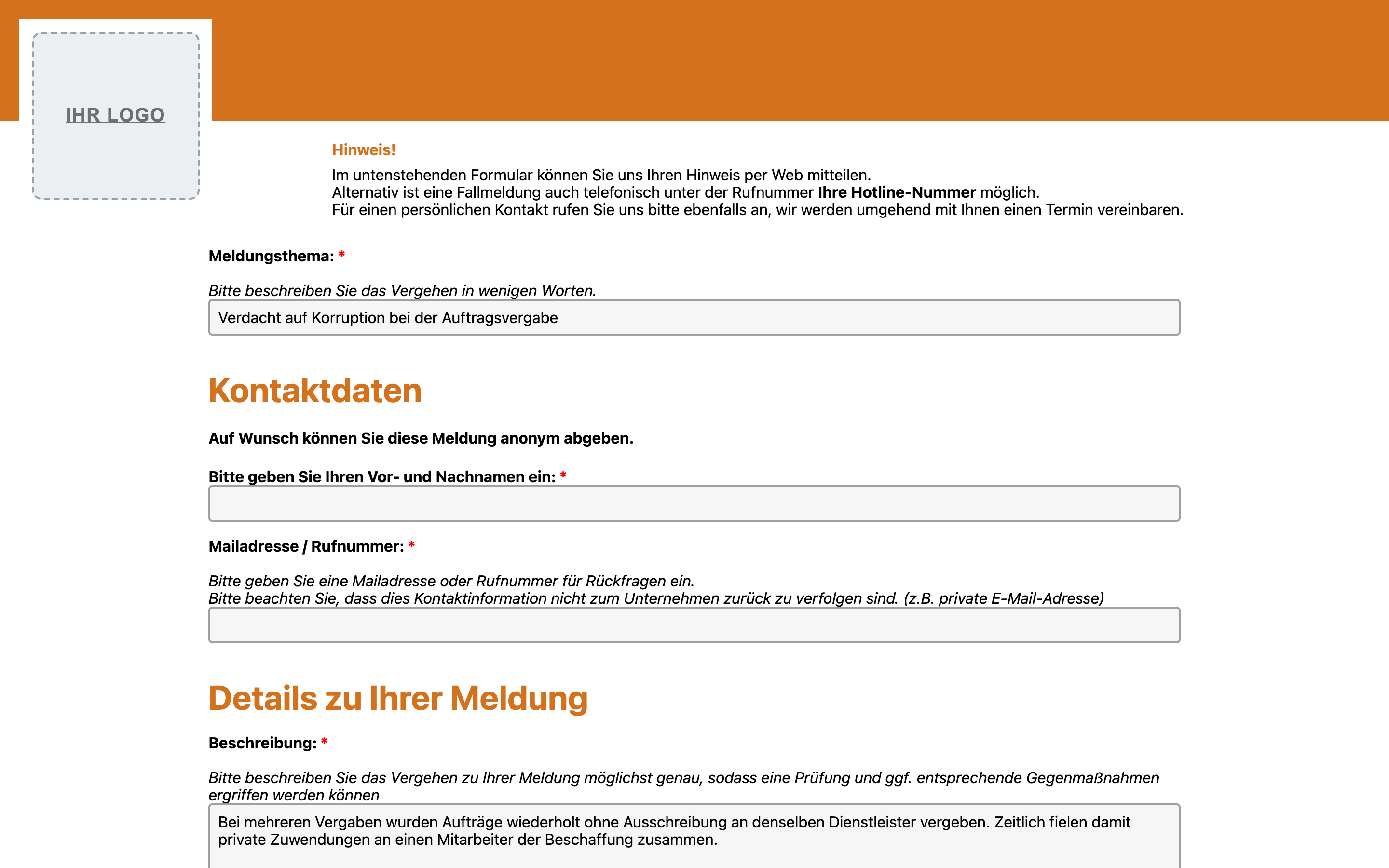 Hinweisgeber-Meldeportal: Meldeformular · Themenauswahl & Kontakt